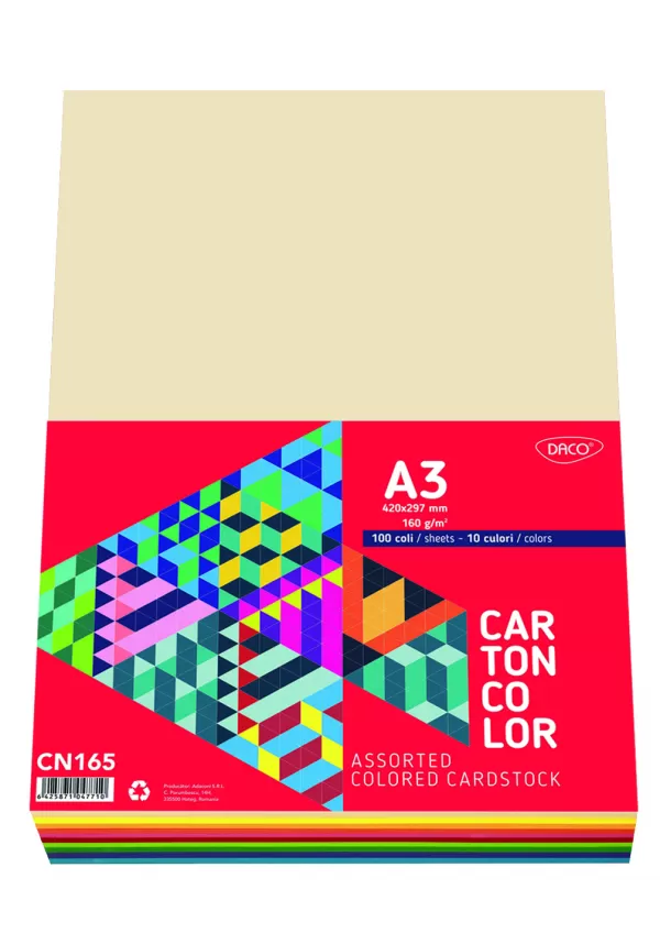 Carton colorat A3, 10 culori, 100 coli/top, 160 g/mp Daco CN165-1-IMG-slider