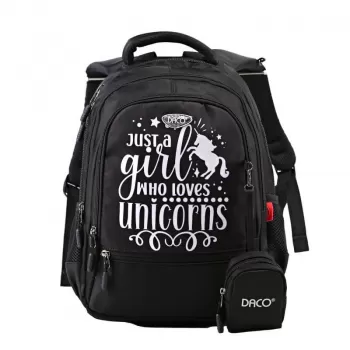 Ghiozdan clasa pregatitoare, negru, imprimeu Just a Girl who lover Unicorns, 38 cm Daco GH3006-1